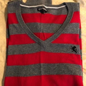 Grey and red striped v neck sweater